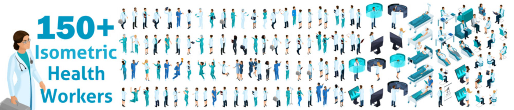 Large set of isometric, 3D Health workers, medical staff, nurses, doctors. Recruitment of doctors work with patients