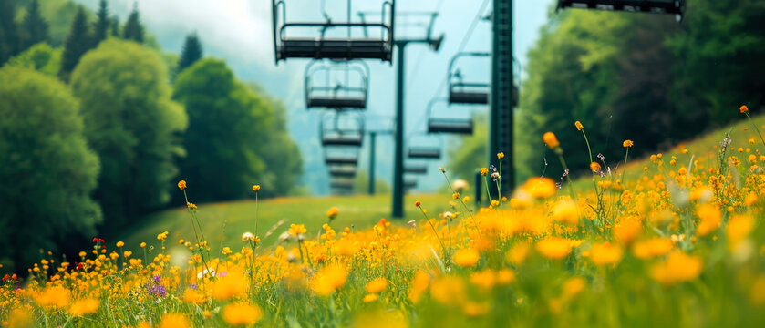 Empty Cabin of ski lift over scenery blooming hills, mountain and forest.Tourism. Ski or skiing background. Springtime. Mountain resort concept. Panorama view. Generative ai	