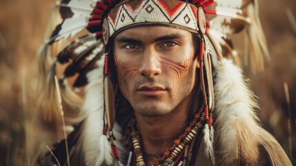 19th Century Native Americans: Middle-Aged American Indian in traditional attire with ornaments and feather headdress, with facial tattoos and an evaluative look, very close-up, portrait shot

 - obrazy, fototapety, plakaty