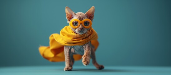 A carnivorous feline with whiskers and tail wears a yellow cape and goggles - obrazy, fototapety, plakaty
