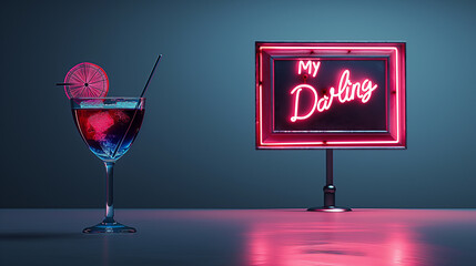 Chic Cocktail Under Enchanting Neon 'My Darling' Sign