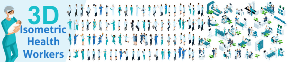 Large set of isometric, 3D Health workers, medical staff, nurses, doctors. Medical equipment, MRI, ultrasound, surgery, medical services - obrazy, fototapety, plakaty