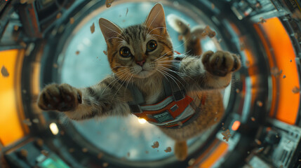 Curious Tabby Cat Astronaut in Space Station - obrazy, fototapety, plakaty