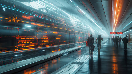 Futuristic Urban Commute in a High-Speed Train Station