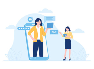Customer girl on mobile phone communicating with client technical support concept flat illustration