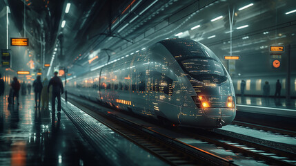 Fototapeta na wymiar Modern Train Arriving at a Bustling Underground Station