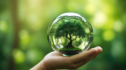The tree is in a clear glass ball and growing tree in human hand, he concept of loving the world...