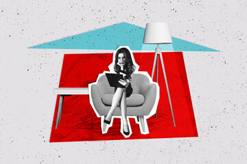 Composite photo collage of serious girl sit home agent hold clipboard armchair lamp table comfort...