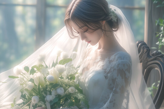 ブーケを持つウェディングドレス姿の花嫁
