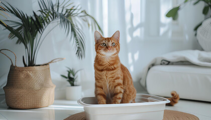 Cute ginger cat sitting in plastic litter box on white floor at white home - obrazy, fototapety, plakaty