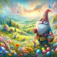 gnome with basket and rabbit Easter landscape Easter landscape