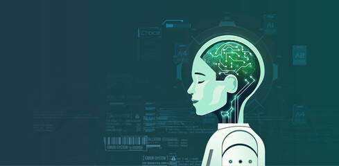AI Technology Concept with Digital Human Profile and Brain Circuit. An artistic portrayal of AI with a side profile of a human head infused with a digital brain circuit on a tech-themed backdrop. - obrazy, fototapety, plakaty