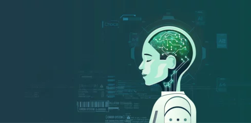 Gordijnen AI Technology Concept with Digital Human Profile and Brain Circuit. An artistic portrayal of AI with a side profile of a human head infused with a digital brain circuit on a tech-themed backdrop. © ZinetroN
