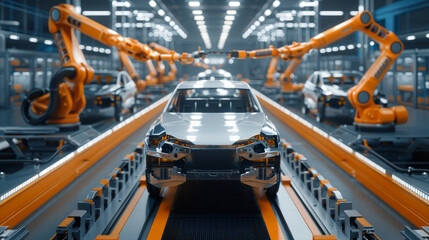 Car Factory, automated robot arms assembling cars - obrazy, fototapety, plakaty