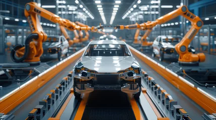 Foto op Canvas Car Factory, automated robot arms assembling cars © Mahammad