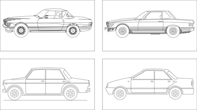 Adobe Illustrator Artwork vector design sketch illustration of a collection of cars in a box with various models seen from the side 