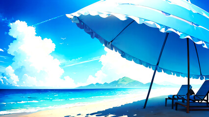 空と海と砂浜とパラソル