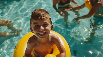 Young boy smiling on a yellow pool float in a sunny outdoor pool. Casual and fun summer activity scene for families. Happy childhood moments captured. AI
