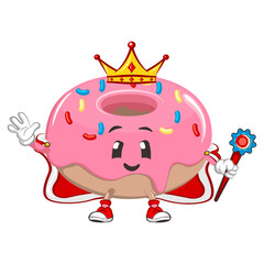 cute donut mascot character vector illustration being king
