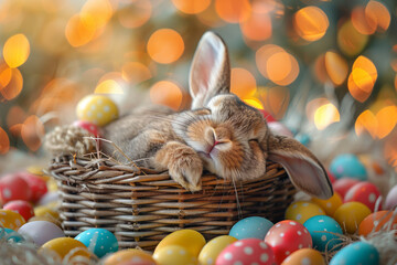 A cute easter bunny sleeping in a basket of easter eggs