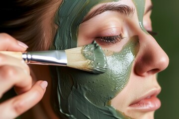 woman applying green clay mask on face with brush