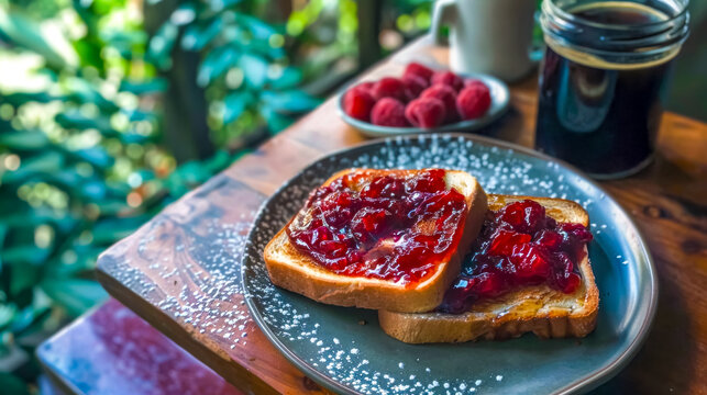 Fresh toast with raspberry jam on rustic breakfast table