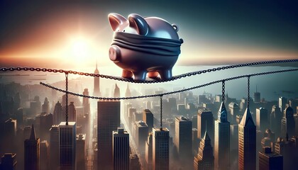 piggy bank blindfolded on a chain tightrope above a cityscape representing the risks associated with investing - obrazy, fototapety, plakaty