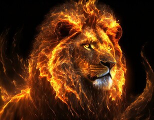 Naklejka premium Lion of flames made of fire burn burning digital art