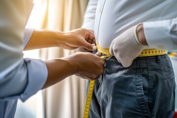 tailor is measuring someone's waist with a tape measure - obrazy, fototapety, plakaty