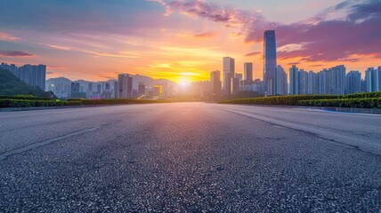 Empty asphalt road and modern city skyline with building scenery at sunset. high angle view - generative ai