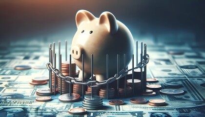 piggy bank surrounded by a chain link fence concept of barriers to growing savings effectively - obrazy, fototapety, plakaty