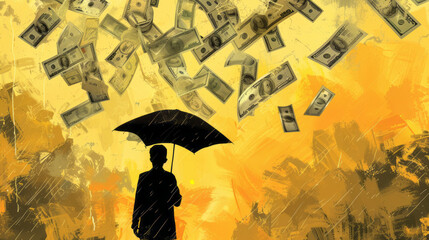 A sketch of a person holding umbrella, with bills raining from the sky