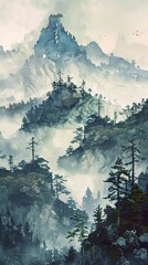 Rocky highlands, misty morning, wide lens, majestic, watercolor mystery 