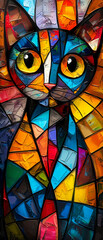 Colorful stained-glass window in the form of a cat with eyes