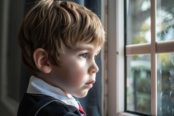 child in a school uniform looking out the window thoughtfully