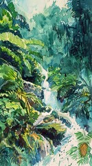 Rainforest waterfall, lush surroundings, eye level, vibrant life, watercolor rush