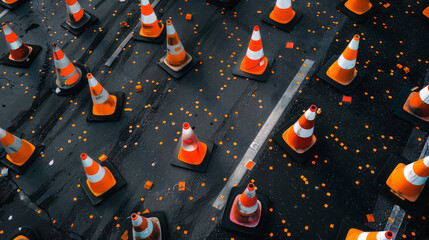 An aerial image of traffic cones and roadwork signs organized on a black transparent background - obrazy, fototapety, plakaty