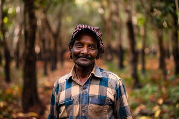 portrait of a farmer in a sandalwood plantation - obrazy, fototapety, plakaty