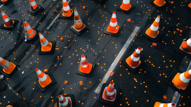An aerial image of traffic cones and roadwork signs organized on a black transparent background