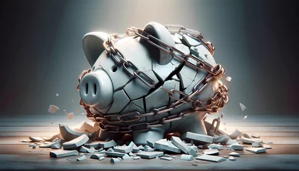 Foto op Plexiglas broken piggy bank with chains wrapped around the pieces concept of Budget Constraints © NanzXy