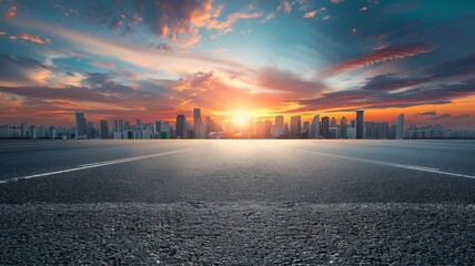 Empty asphalt road and modern city skyline with building scenery at sunset. high angle view - generative ai - obrazy, fototapety, plakaty