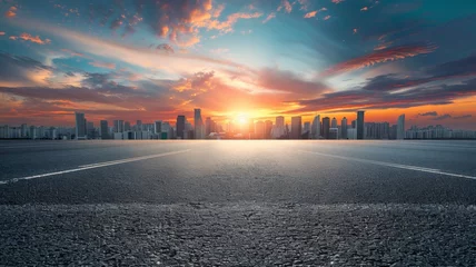 Foto op Aluminium Empty asphalt road and modern city skyline with building scenery at sunset. high angle view - generative ai © Nia™