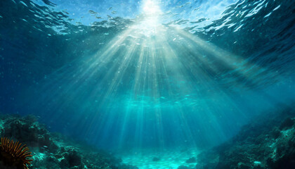 Fototapeta na wymiar Sunbeams Dance in Deep Blue: Breathtaking Underwater View of Ocean Waves in Crystal-Clear Water