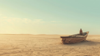 An unrecognizable man inside a wooden boat in the middle of the desert in a minimalist and surreal dream image