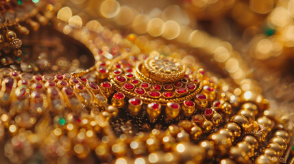 Macro photography revealing the glistening details of embellished gold bridal jewelry, reflecting luxury and tradition