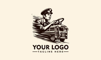 Bus driver logo vintage vibe, distressed edges, minimalist, black and white contrast, retro, pop art style