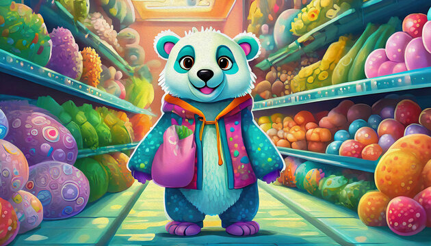  Oil painting style Cartoon character baby polar bear shopping in the supermarket
