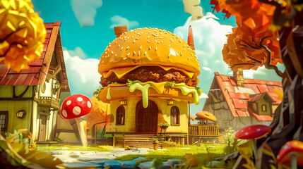 Whimsical burger house in fantasy village
