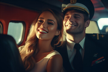 Young pilot and beautiful stewardess sitting together inside airplane cabin waiting for take off. Side view