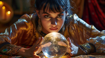 A fortune teller with a look of intense concentration, studying the visions within the crystal ball, - obrazy, fototapety, plakaty